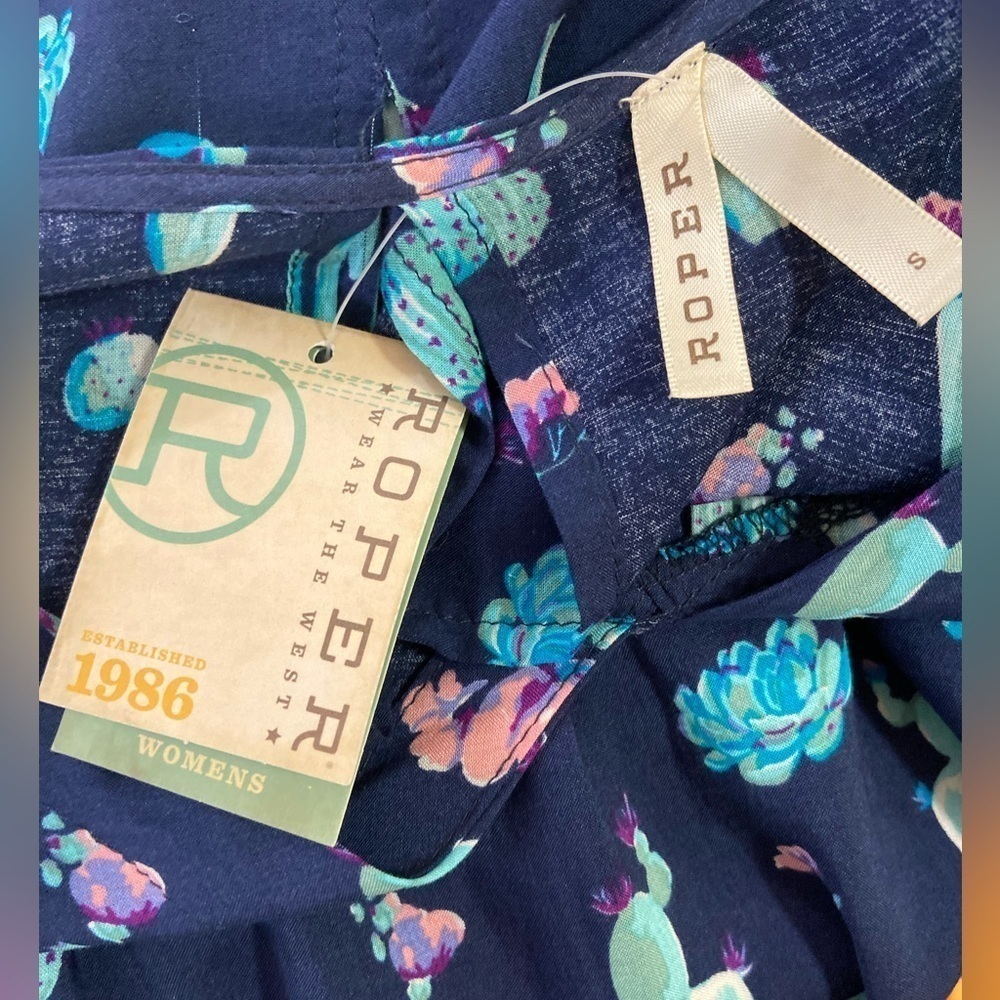 Roper~Navy Cactus Print Peasant Blouse~Empire Waist~Sheer Bell Sleeves~Size S - Picture 2 of 11
